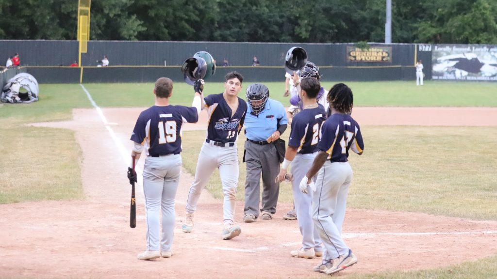 Jackson Hornung celebrates a home run against the Pittsfield Suns