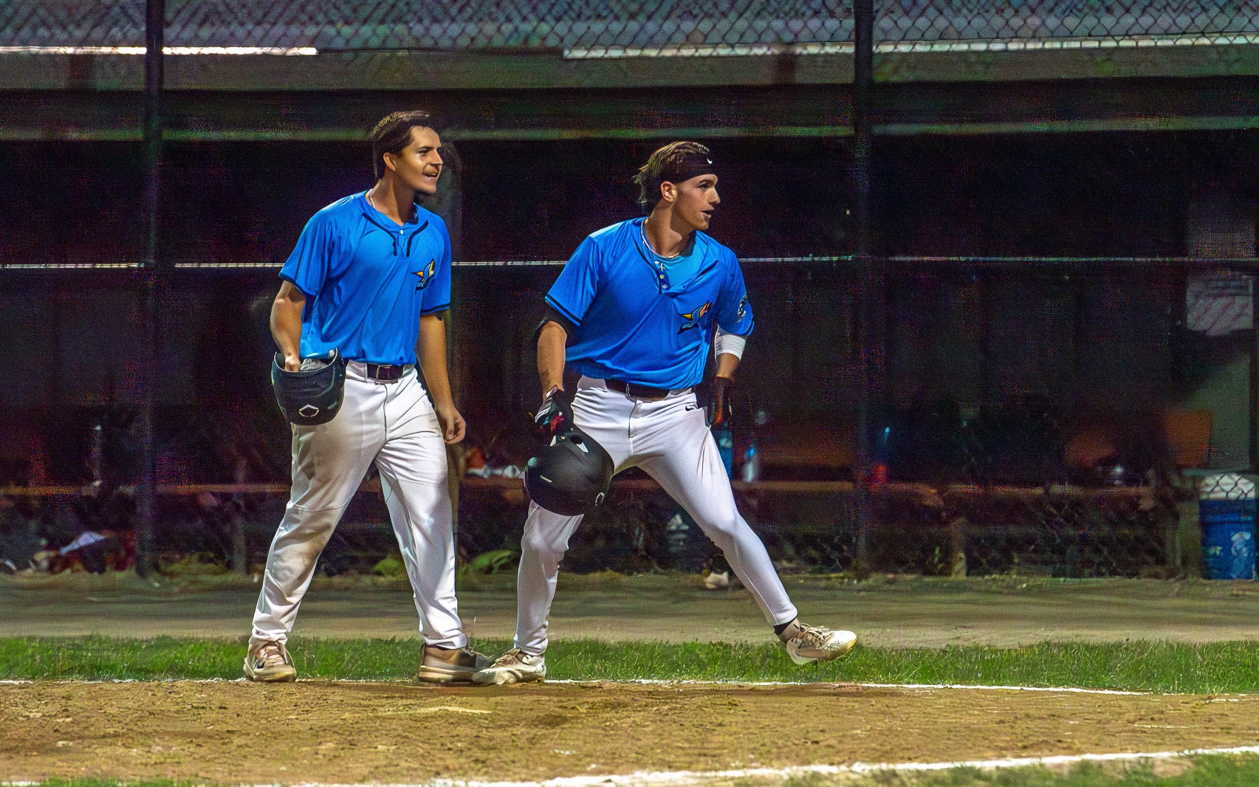 Jonathan Chatfield and Anthony Ruggiero celebrate Ruggiero's home run