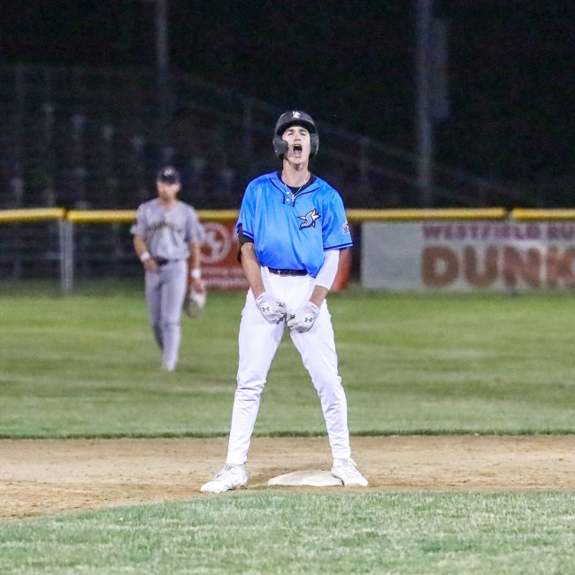 Anthony Ruggiero celebrates a double against Norwich.