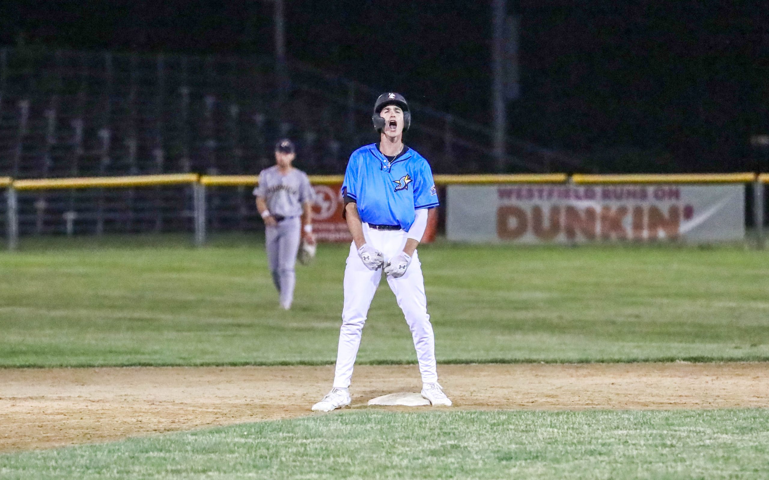 Anthony Ruggiero celebrates a double against Norwich.