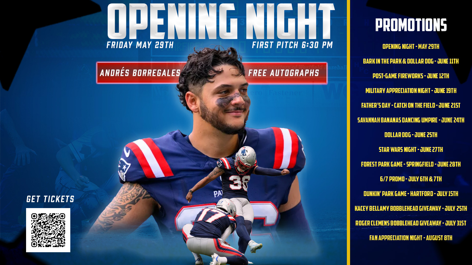 The Starfires promotional schedule, featuring Patriots Kicker Andres Borregales on Opening Night presented by Westfield Bank