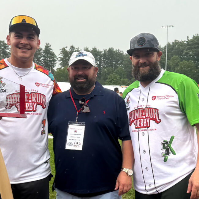 2026 FCBL Home Run Derby Champion Morrie Fried with Starfires owner Chris Thompson and 2013 Red Sox World Series Champion Jonny Gomes