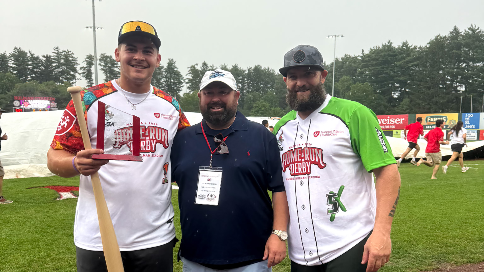 2026 FCBL Home Run Derby Champion Morrie Fried with Starfires owner Chris Thompson and 2013 Red Sox World Series Champion Jonny Gomes